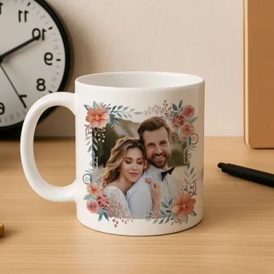 Çiçekli Baş Harfli ve Fotoğraflı Çift Kupası