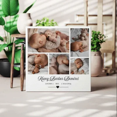 Kişiye Özel - 5 Fotoğraflı Yeni Doğan Bebek - Kare - Kanvas Tablo